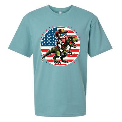 Funny Cowboy Cat Riding Dinosaur Usa Flag Trex 4th Of July Sueded Cloud Jersey T-Shirt