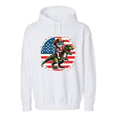 Funny Cowboy Cat Riding Dinosaur Usa Flag Trex 4th Of July Garment-Dyed Fleece Hoodie