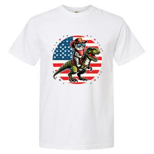 Funny Cowboy Cat Riding Dinosaur Usa Flag Trex 4th Of July Garment-Dyed Heavyweight T-Shirt