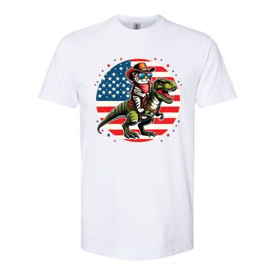 Funny Cowboy Cat Riding Dinosaur Usa Flag Trex 4th Of July Softstyle CVC T-Shirt