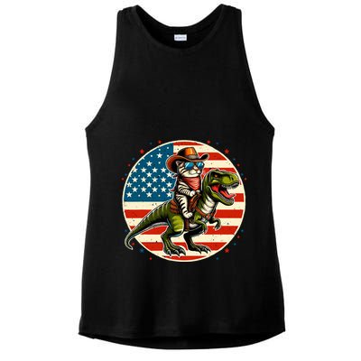 Funny Cowboy Cat Riding Dinosaur Usa Flag Trex 4th Of July Ladies PosiCharge Tri-Blend Wicking Tank