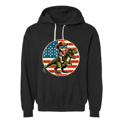 Funny Cowboy Cat Riding Dinosaur Usa Flag Trex 4th Of July Garment-Dyed Fleece Hoodie