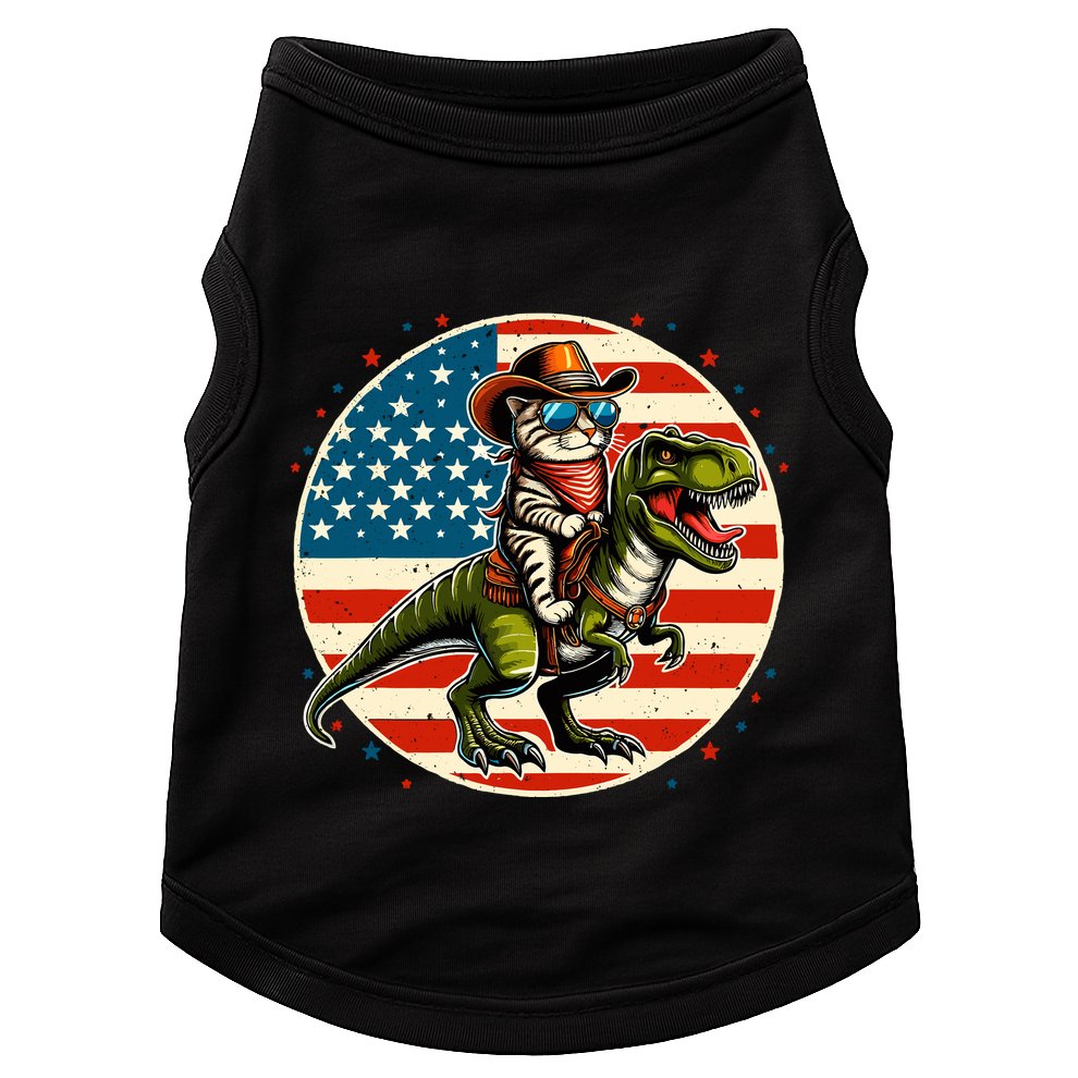 Funny Cowboy Cat Riding Dinosaur Usa Flag Trex 4th Of July Doggie Tank
