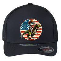 Funny Cowboy Cat Riding Dinosaur Usa Flag Trex 4th Of July Flexfit Unipanel Trucker Cap