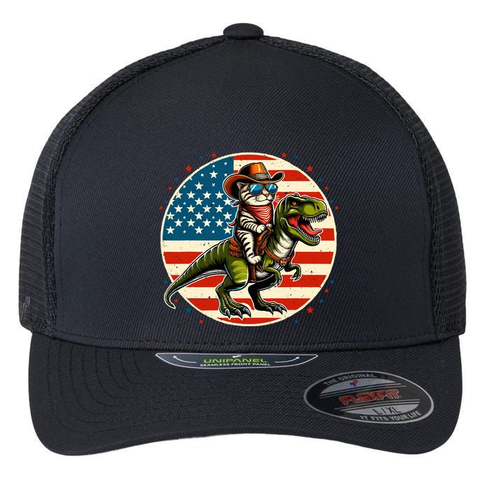 Funny Cowboy Cat Riding Dinosaur Usa Flag Trex 4th Of July Flexfit Unipanel Trucker Cap