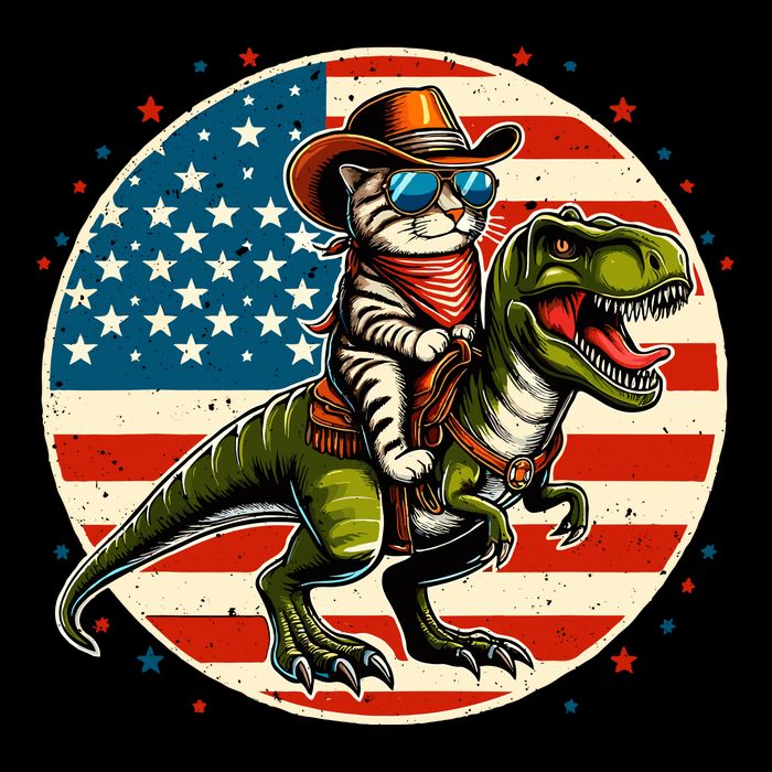 Funny Cowboy Cat Riding Dinosaur Usa Flag Trex 4th Of July Flexfit Unipanel Trucker Cap