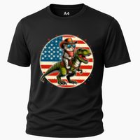 Funny Cowboy Cat Riding Dinosaur Usa Flag Trex 4th Of July Cooling Performance Crew T-Shirt