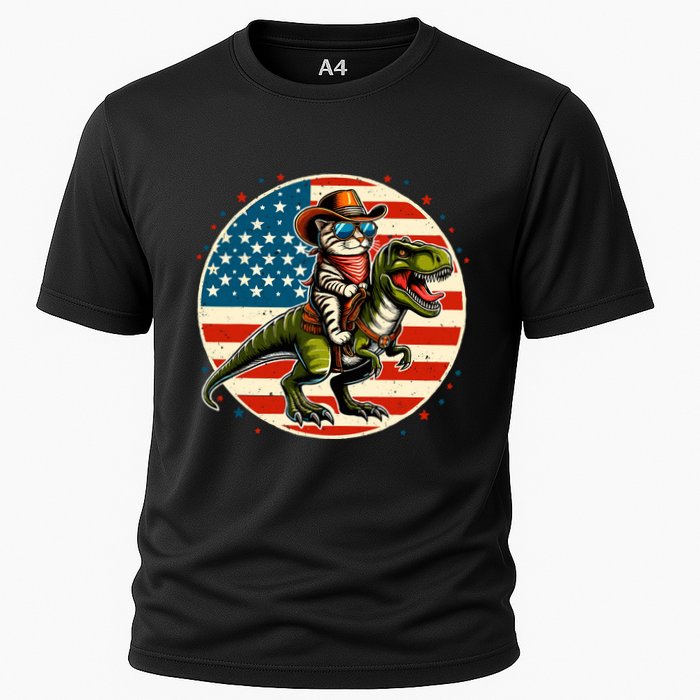 Funny Cowboy Cat Riding Dinosaur Usa Flag Trex 4th Of July Cooling Performance Crew T-Shirt