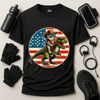 Funny Cowboy Cat Riding Dinosaur Usa Flag Trex 4th Of July Cooling Performance Crew T-Shirt