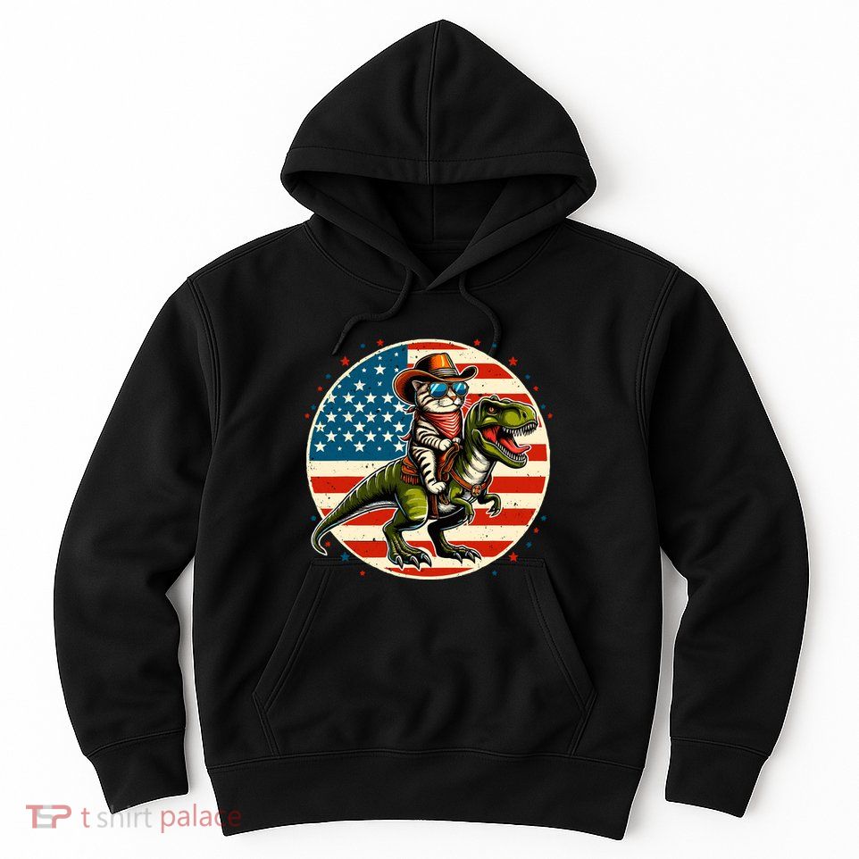 Funny Cowboy Cat Riding Dinosaur Usa Flag Trex 4th Of July Hoodie