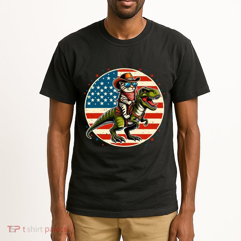Funny Cowboy Cat Riding Dinosaur Usa Flag Trex 4th Of July Tall T-Shirt