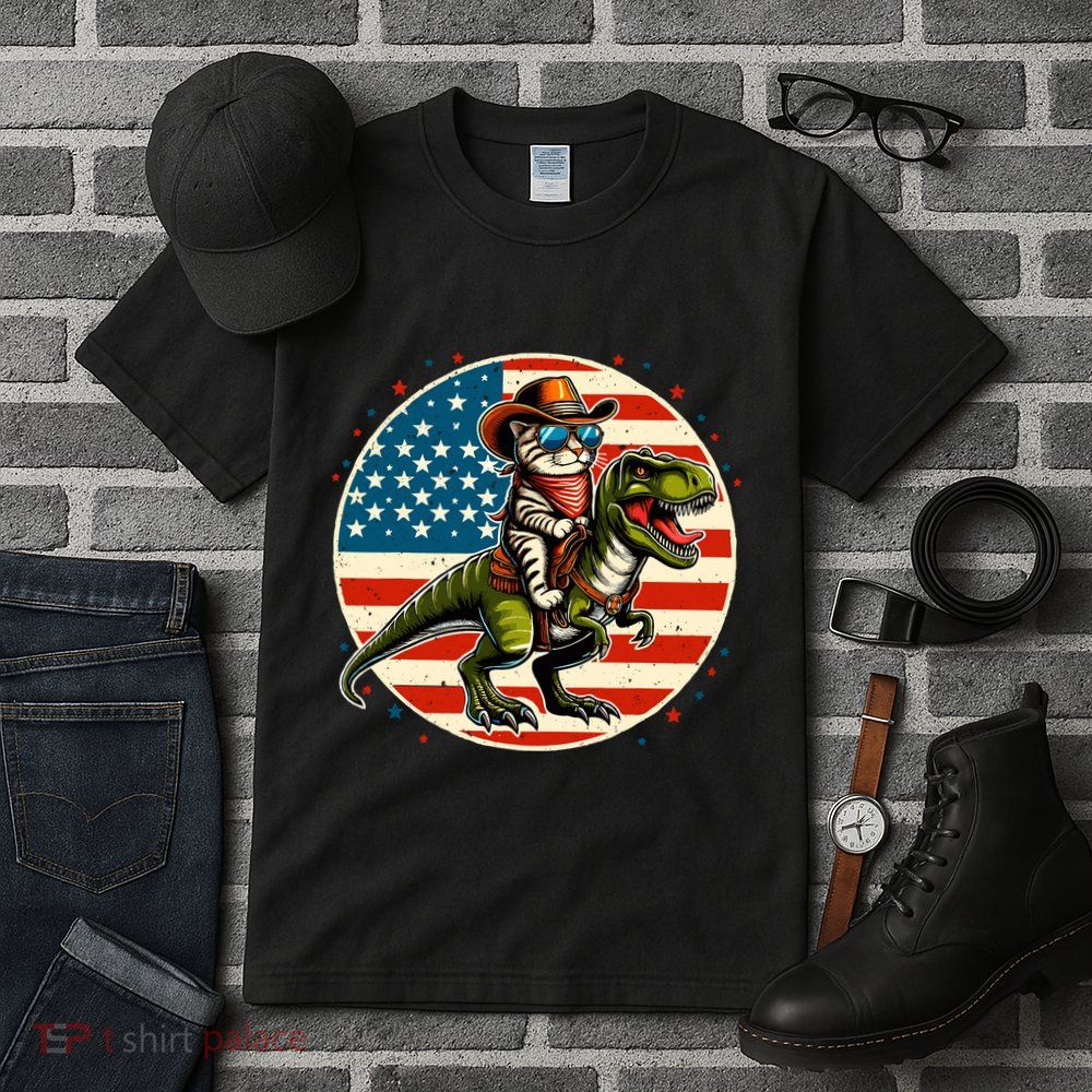 Funny Cowboy Cat Riding Dinosaur Usa Flag Trex 4th Of July Tall T-Shirt