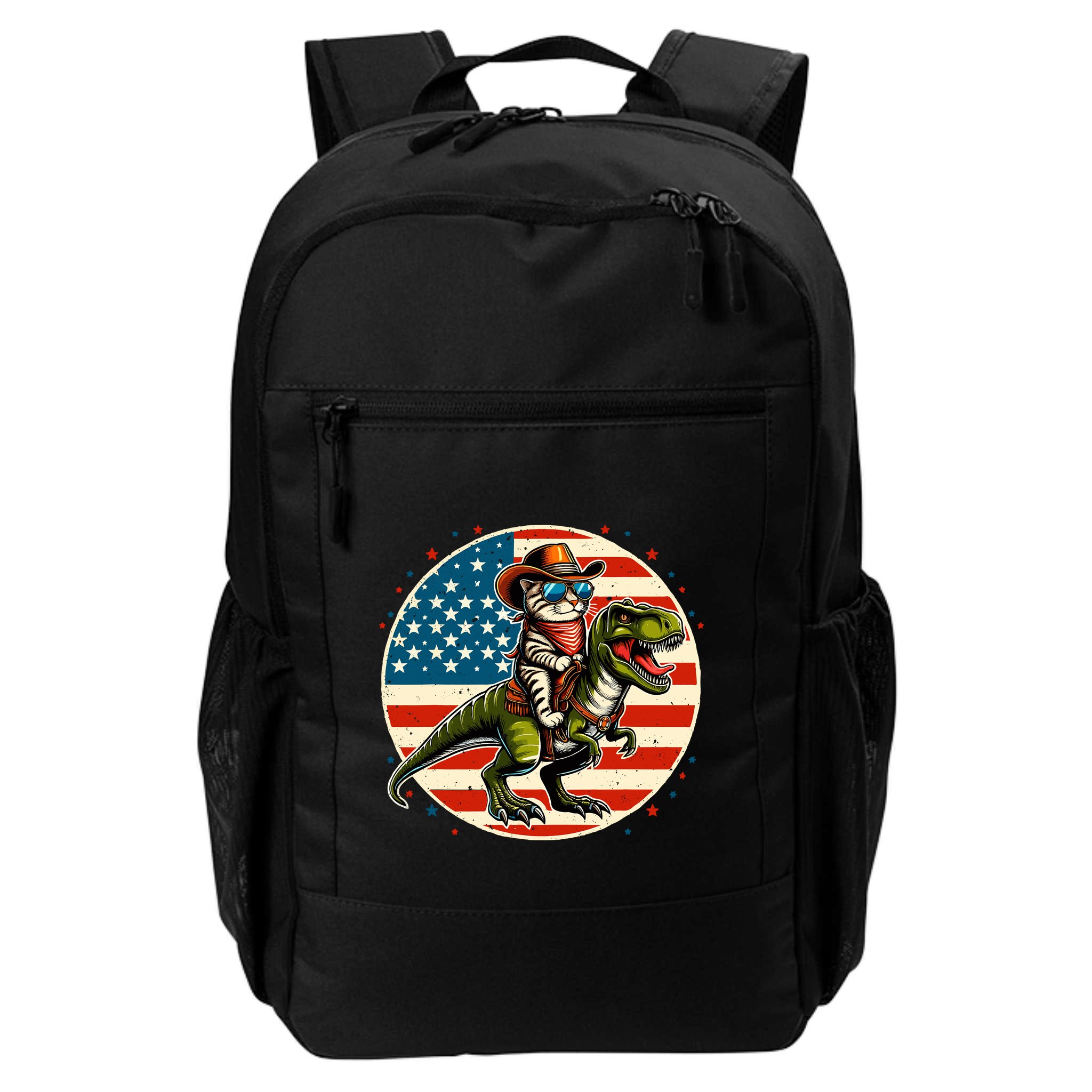 Funny Cowboy Cat Riding Dinosaur Usa Flag Trex 4th Of July Backpack