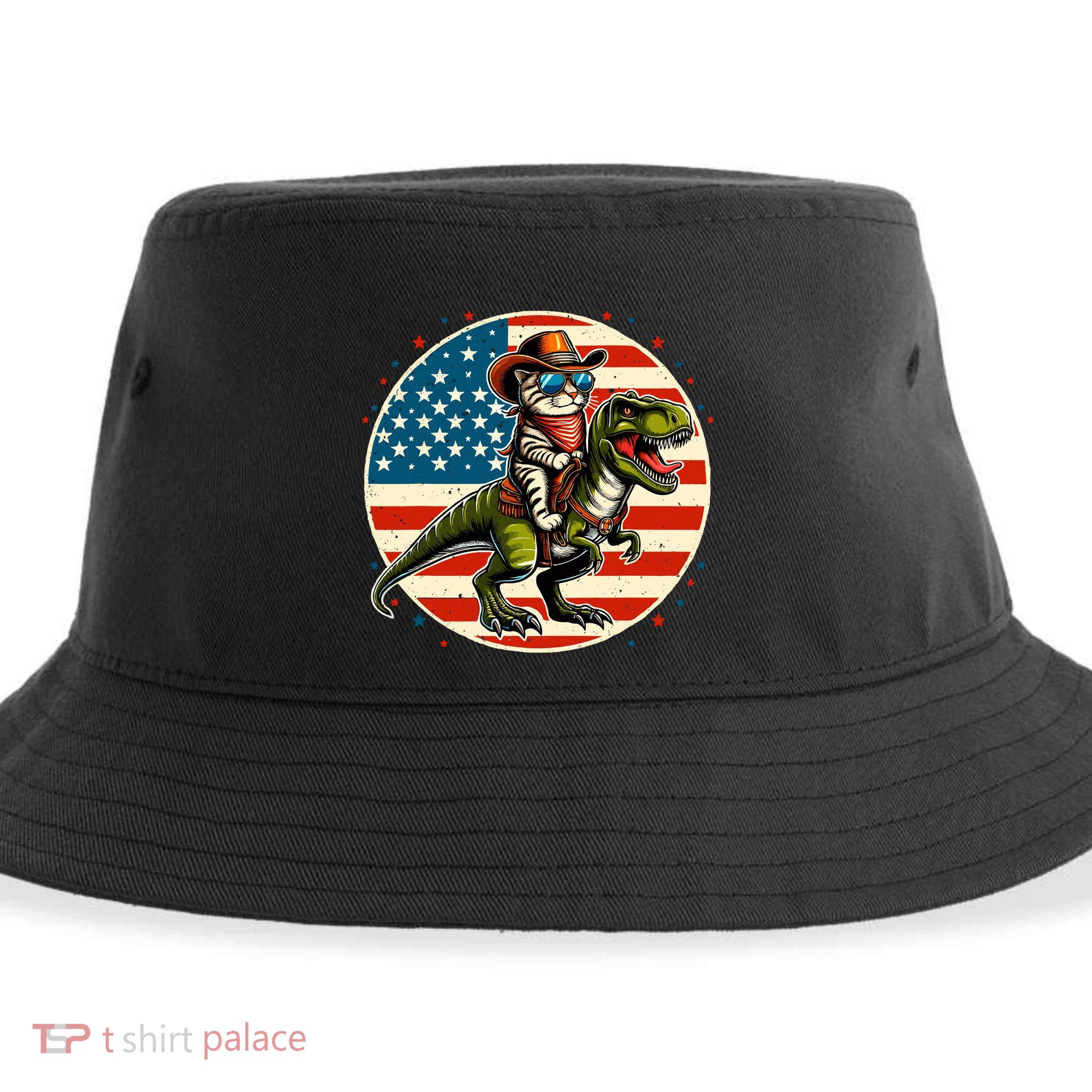 Funny Cowboy Cat Riding Dinosaur Usa Flag Trex 4th Of July Sustainable Bucket Hat