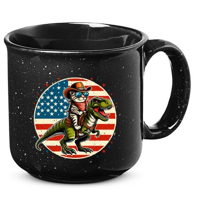 Funny Cowboy Cat Riding Dinosaur Usa Flag Trex 4th Of July 15oz Campfire Ceramic Mug