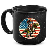 Funny Cowboy Cat Riding Dinosaur Usa Flag Trex 4th Of July 15oz Campfire Ceramic Mug