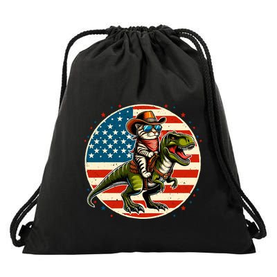 Funny Cowboy Cat Riding Dinosaur Usa Flag Trex 4th Of July Drawstring Bag