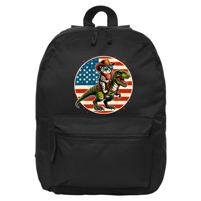 Funny Cowboy Cat Riding Dinosaur Usa Flag Trex 4th Of July 16 in Basic Backpack