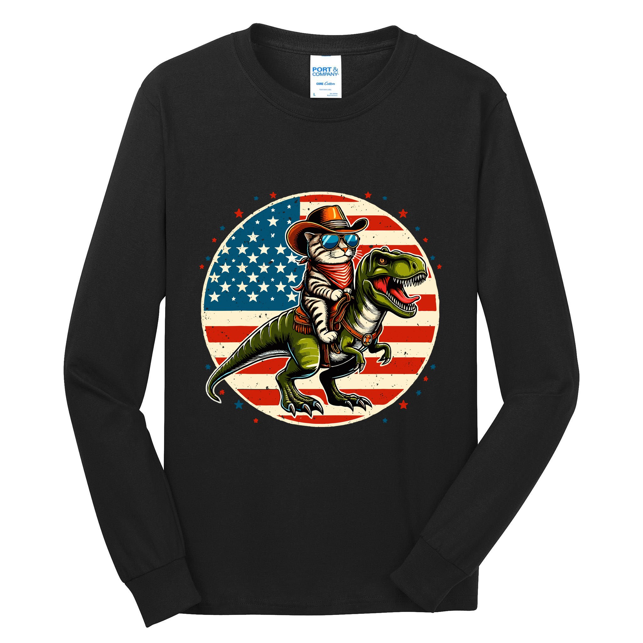 Funny Cowboy Cat Riding Dinosaur Usa Flag Trex 4th Of July Tall Long Sleeve T-Shirt