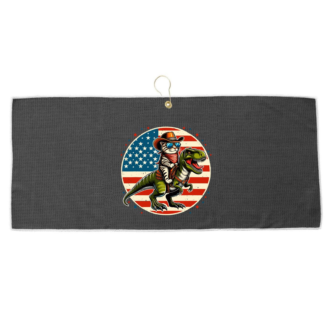 Funny Cowboy Cat Riding Dinosaur Usa Flag Trex 4th Of July Large Microfiber Waffle Golf Towel