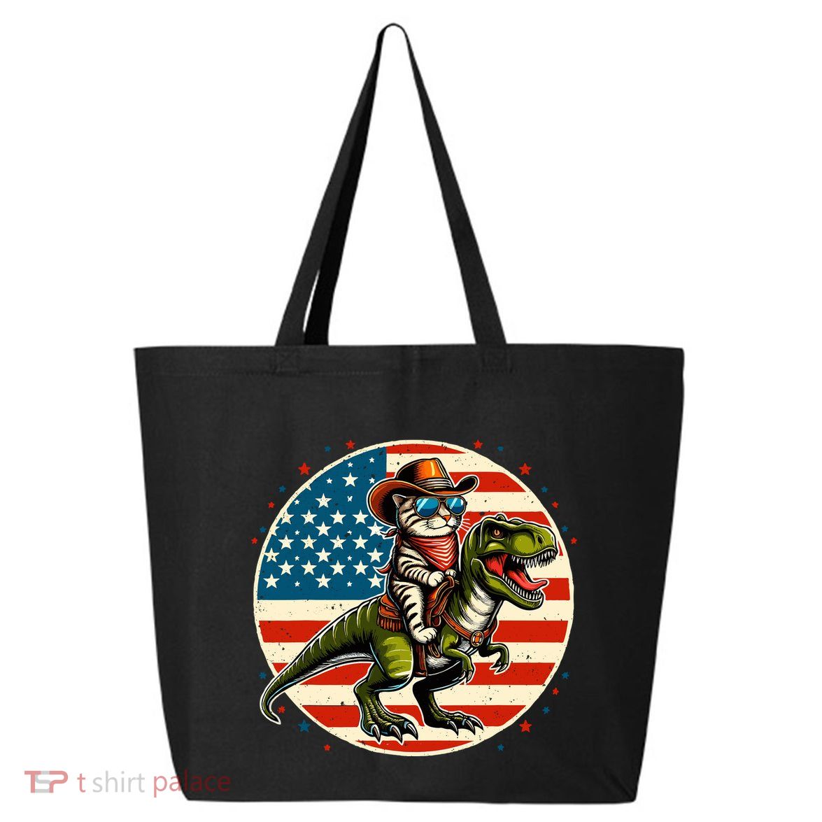 Funny Cowboy Cat Riding Dinosaur Usa Flag Trex 4th Of July 25L Jumbo Tote