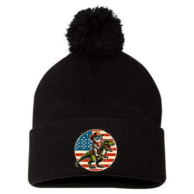 Funny Cowboy Cat Riding Dinosaur Usa Flag Trex 4th Of July Pom Pom 12in Knit Beanie