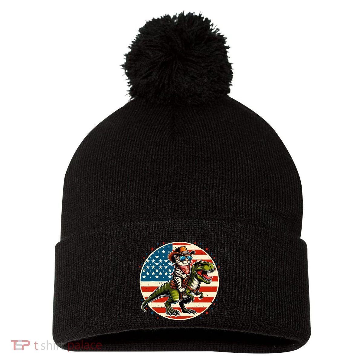 Funny Cowboy Cat Riding Dinosaur Usa Flag Trex 4th Of July Pom Pom 12in Knit Beanie