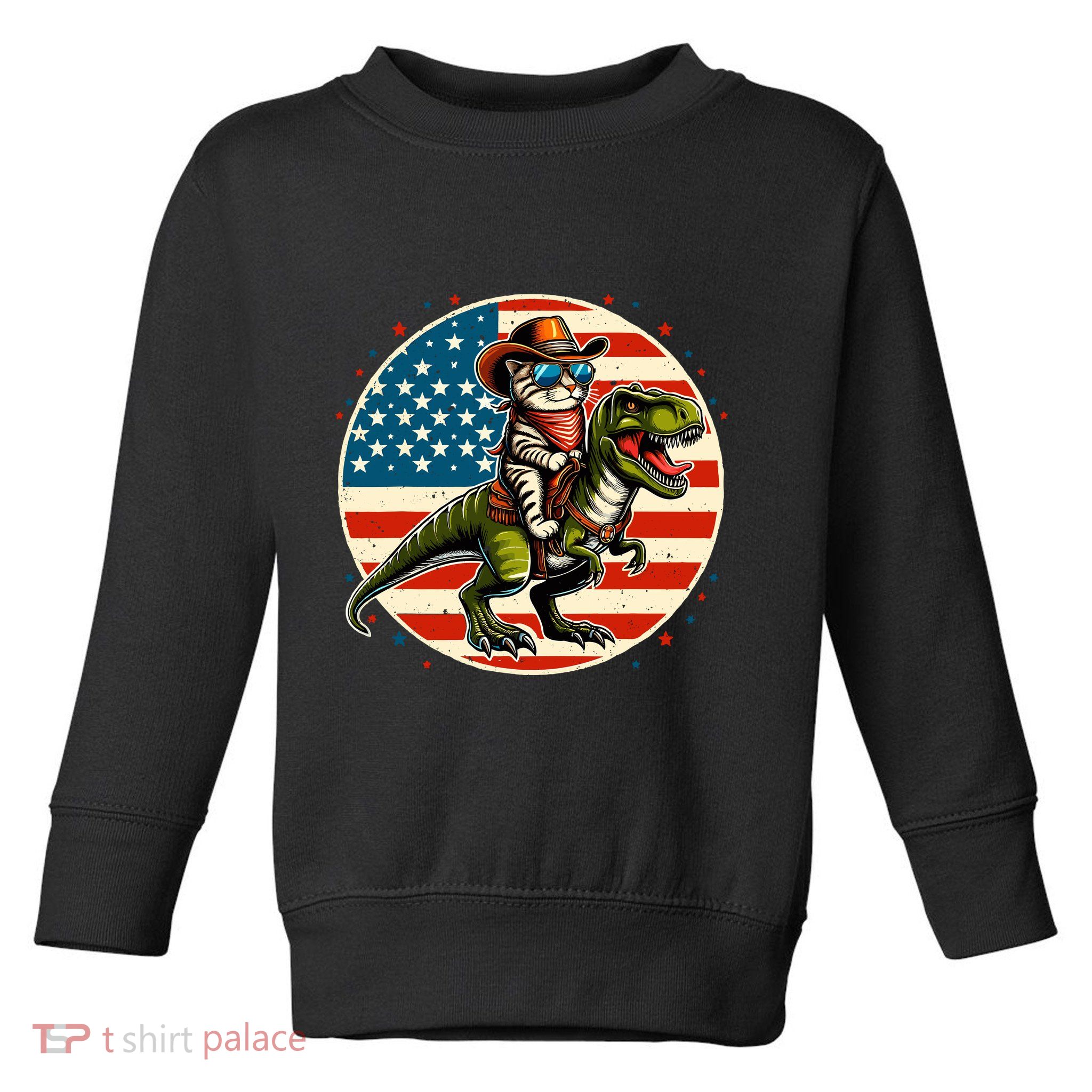 Funny Cowboy Cat Riding Dinosaur Usa Flag Trex 4th Of July Toddler Sweatshirt
