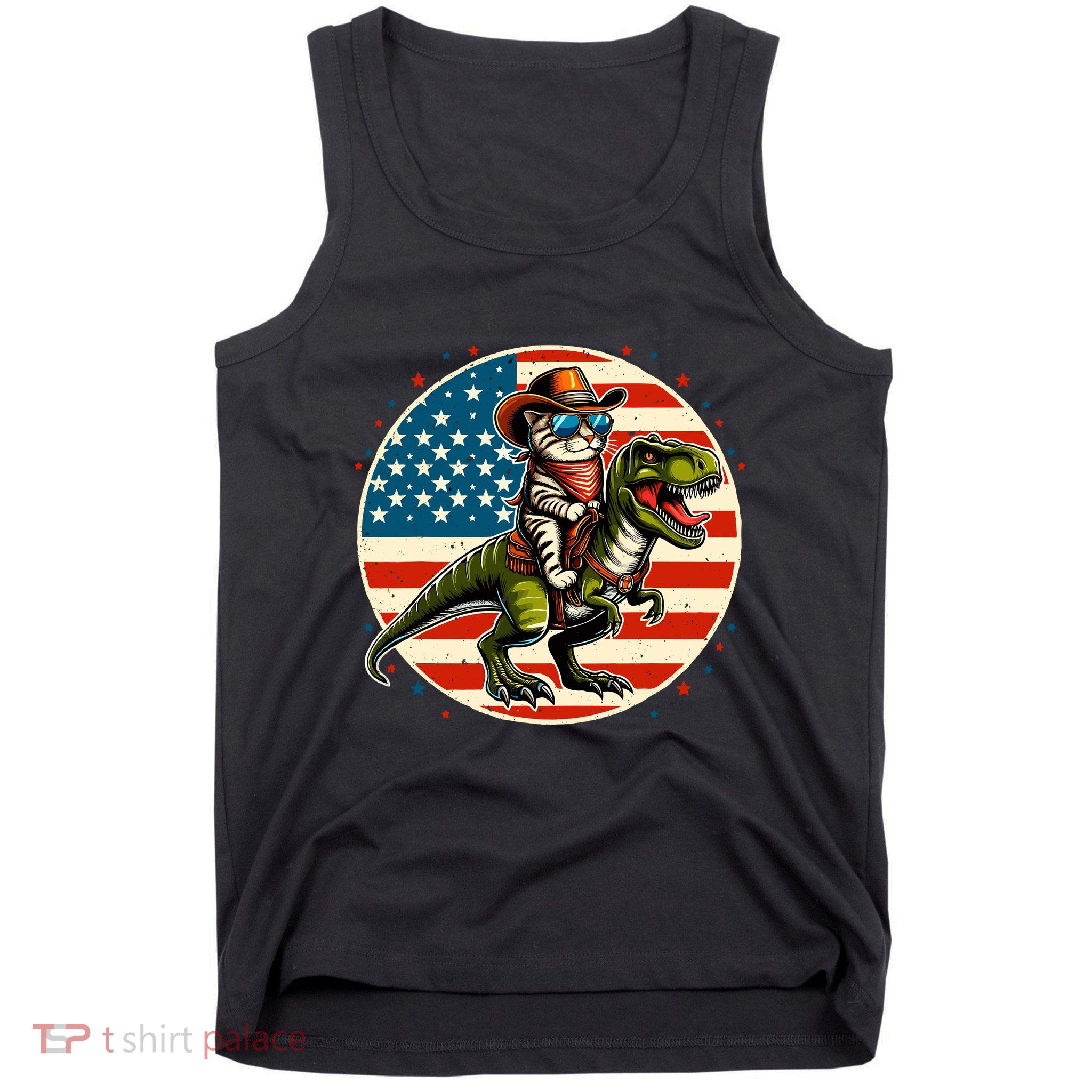 Funny Cowboy Cat Riding Dinosaur Usa Flag Trex 4th Of July Tank Top