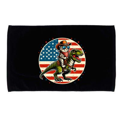 Funny Cowboy Cat Riding Dinosaur Usa Flag Trex 4th Of July Microfiber Hand Towel