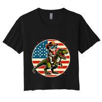 Funny Cowboy Cat Riding Dinosaur Usa Flag Trex 4th Of July Women's Crop Top Tee