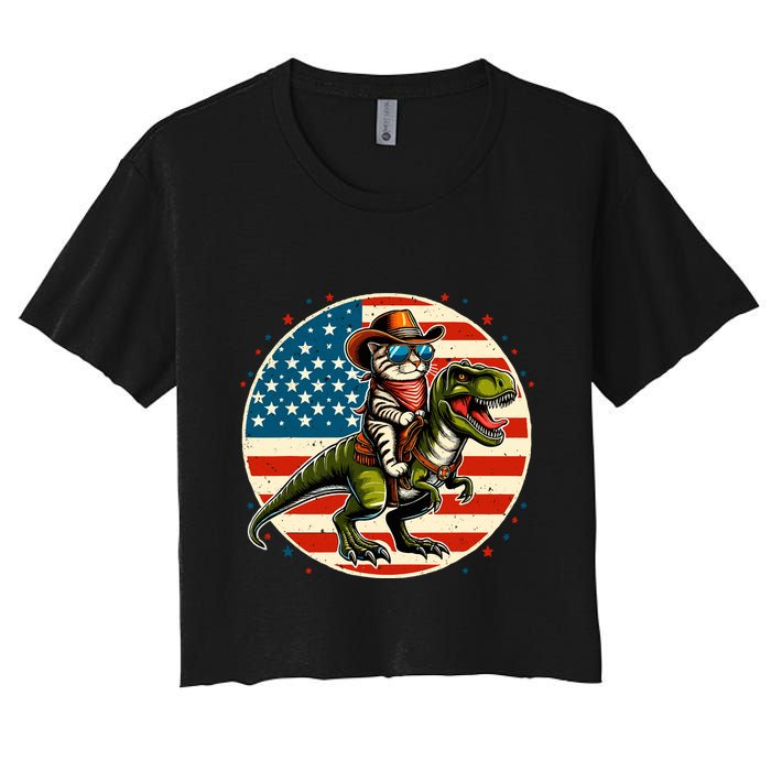 Funny Cowboy Cat Riding Dinosaur Usa Flag Trex 4th Of July Women's Crop Top Tee