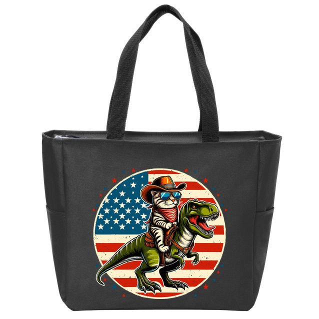 Funny Cowboy Cat Riding Dinosaur Usa Flag Trex 4th Of July Zip Tote Bag