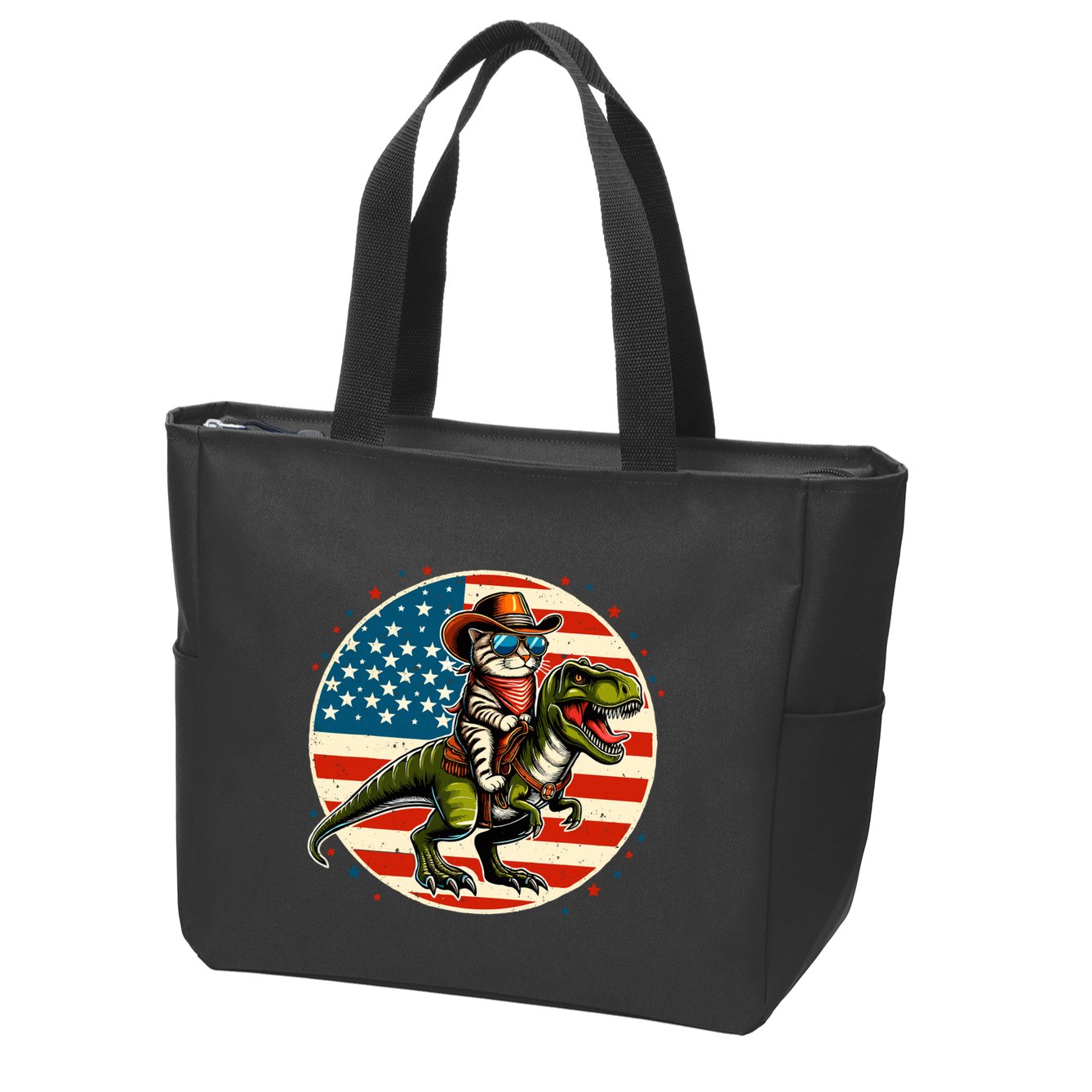 Funny Cowboy Cat Riding Dinosaur Usa Flag Trex 4th Of July Zip Tote Bag