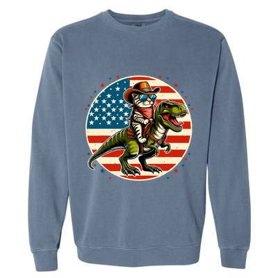 Funny Cowboy Cat Riding Dinosaur Usa Flag Trex 4th Of July Garment-Dyed Sweatshirt