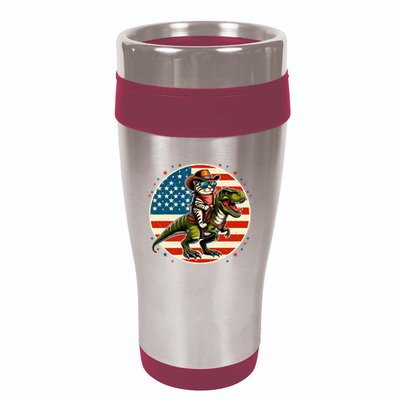 Funny Cowboy Cat Riding Dinosaur Usa Flag Trex 4th Of July 16oz Travel Tumbler
