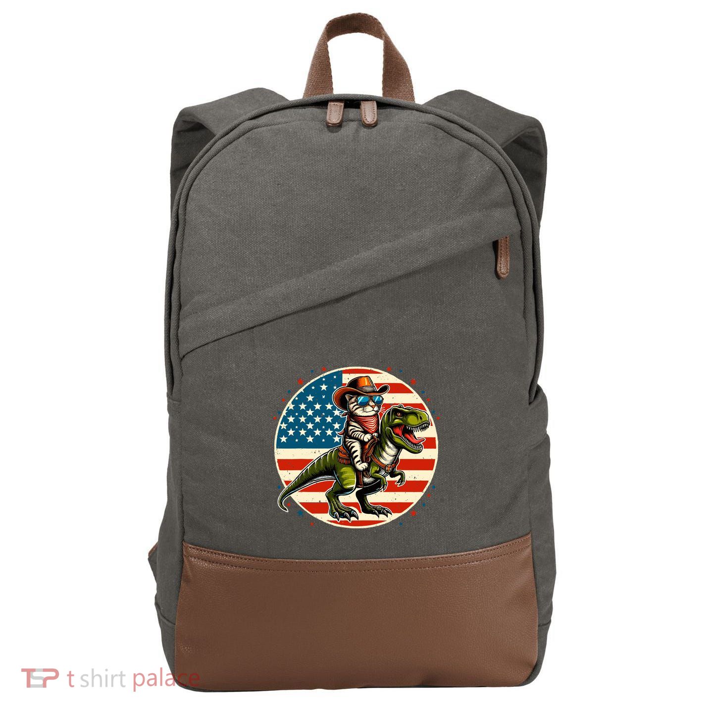 Funny Cowboy Cat Riding Dinosaur Usa Flag Trex 4th Of July Cotton Canvas Backpack