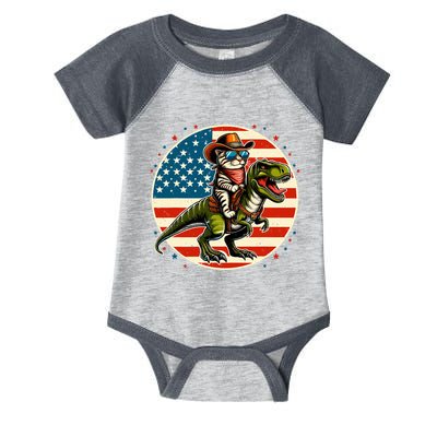Funny Cowboy Cat Riding Dinosaur Usa Flag Trex 4th Of July Infant Baby Jersey Bodysuit