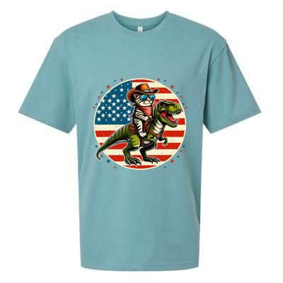 Funny Cowboy Cat Riding Dinosaur Usa Flag Trex 4th Of July Sueded Cloud Jersey T-Shirt
