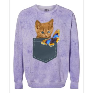 Funny Cat Cat In Pocket Looking At A Butterfly Colorblast Crewneck Sweatshirt