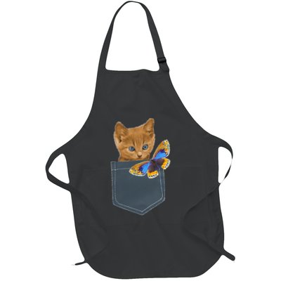Funny Cat Cat In Pocket Looking At A Butterfly Full-Length Apron With Pockets