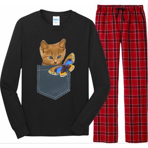 Funny Cat Cat In Pocket Looking At A Butterfly Long Sleeve Pajama Set