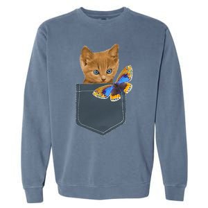 Funny Cat Cat In Pocket Looking At A Butterfly Garment-Dyed Sweatshirt