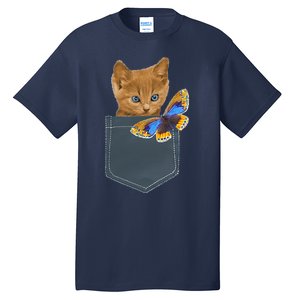 Funny Cat Cat In Pocket Looking At A Butterfly Tall T-Shirt