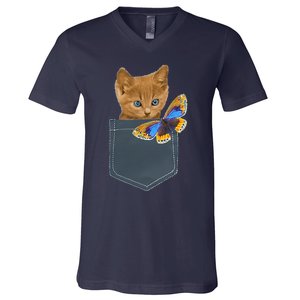 Funny Cat Cat In Pocket Looking At A Butterfly V-Neck T-Shirt