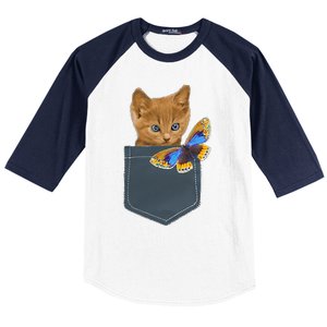 Funny Cat Cat In Pocket Looking At A Butterfly Baseball Sleeve Shirt