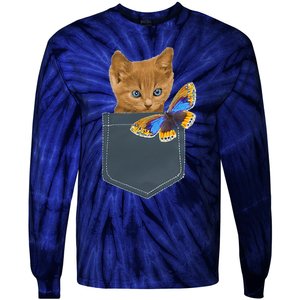 Funny Cat Cat In Pocket Looking At A Butterfly Tie-Dye Long Sleeve Shirt