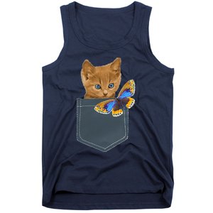 Funny Cat Cat In Pocket Looking At A Butterfly Tank Top