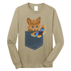 Funny Cat Cat In Pocket Looking At A Butterfly Long Sleeve Shirt