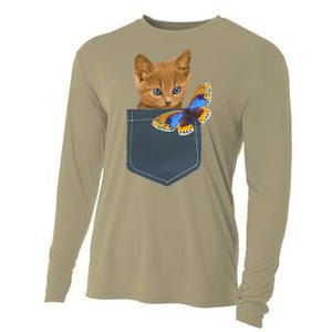 Funny Cat Cat In Pocket Looking At A Butterfly Cooling Performance Long Sleeve Crew